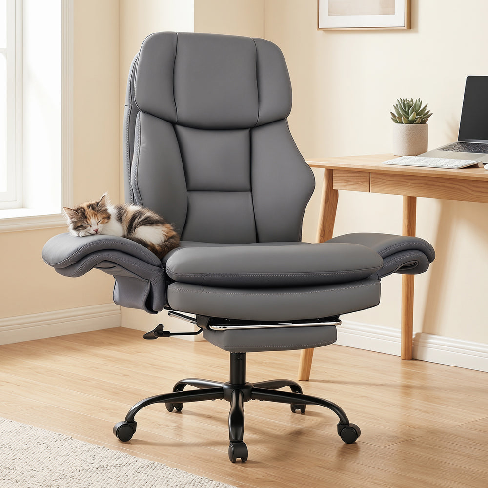 Ergonomic grey office chair with retractable footrest, adjustable armrests, and pet-friendly design for comfort and.