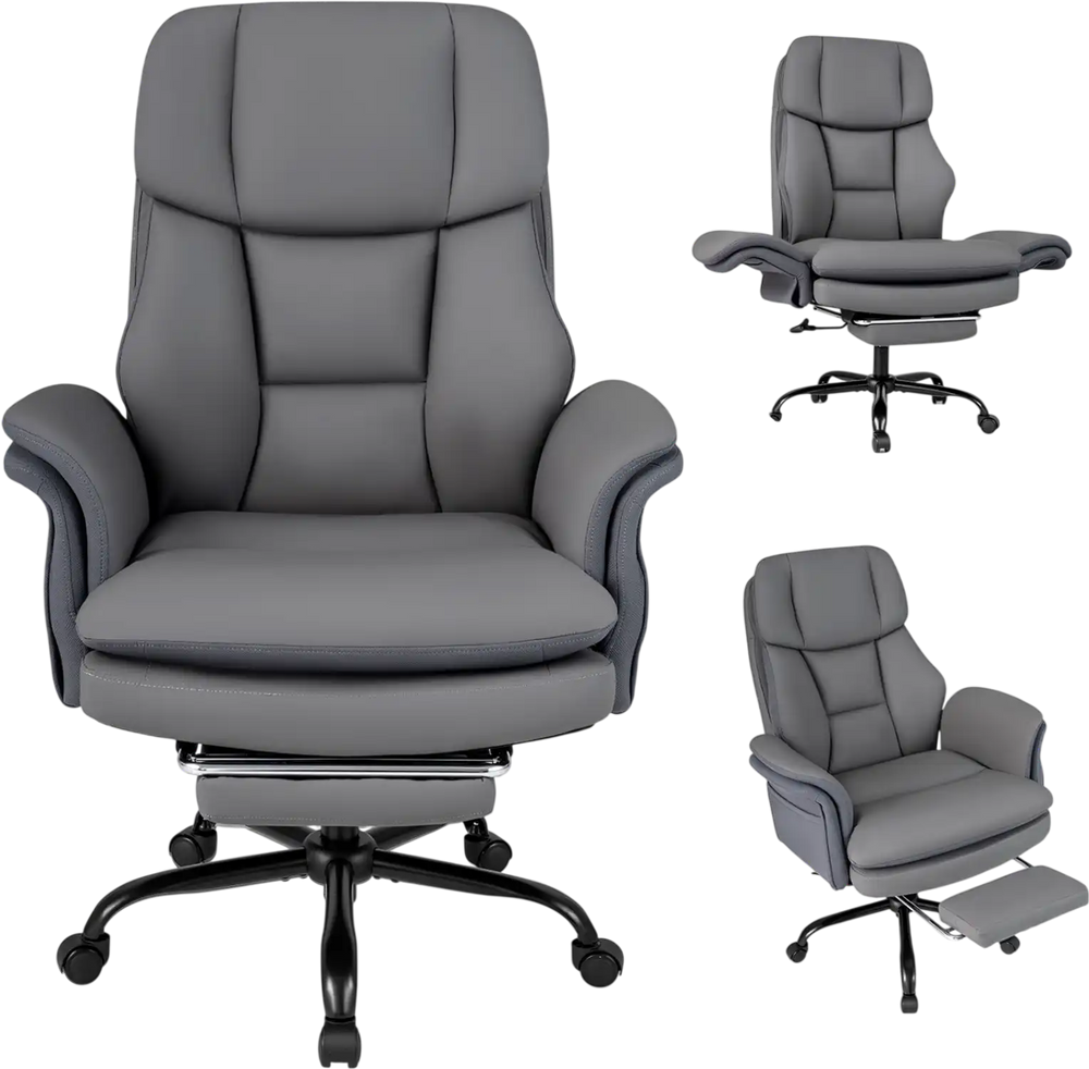 Grey ergonomic office chair featuring a retractable footrest, designed for big and tall users with plush cushioning for.