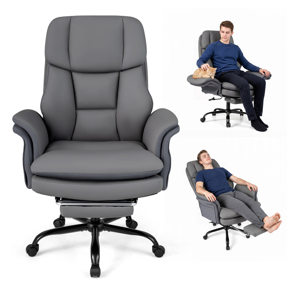 Ergonomic grey office chair with retractable footrest, adjustable armrests, and sturdy base for big and tall users.
