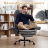 Ergonomic grey office chair with 5-level adjustable armrests, retractable footrest, and sturdy metal base for comfort.