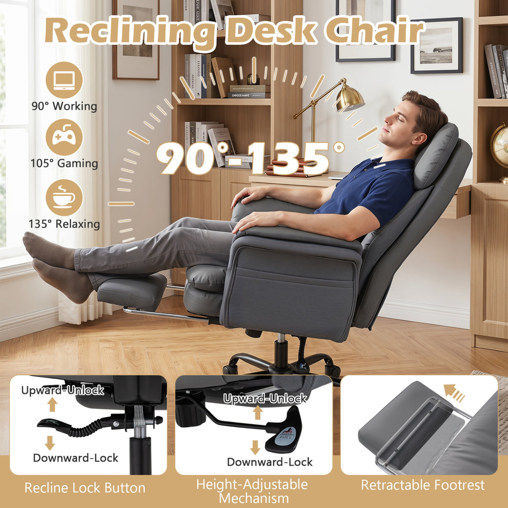 Reclining desk chair in grey with adjustable armrests and retractable footrest, ideal for gaming and relaxing.