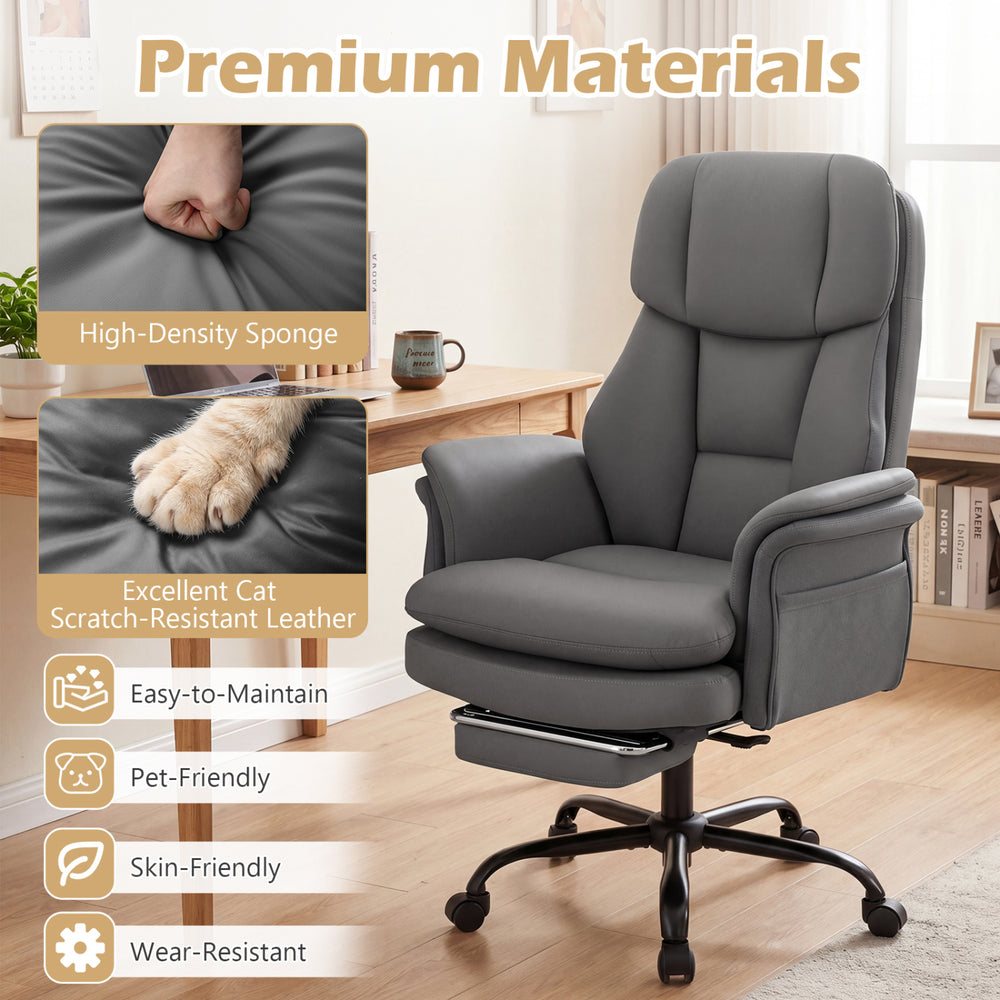 Ergonomic grey office chair with retractable footrest, high-density sponge, and cat scratch-resistant leather for.