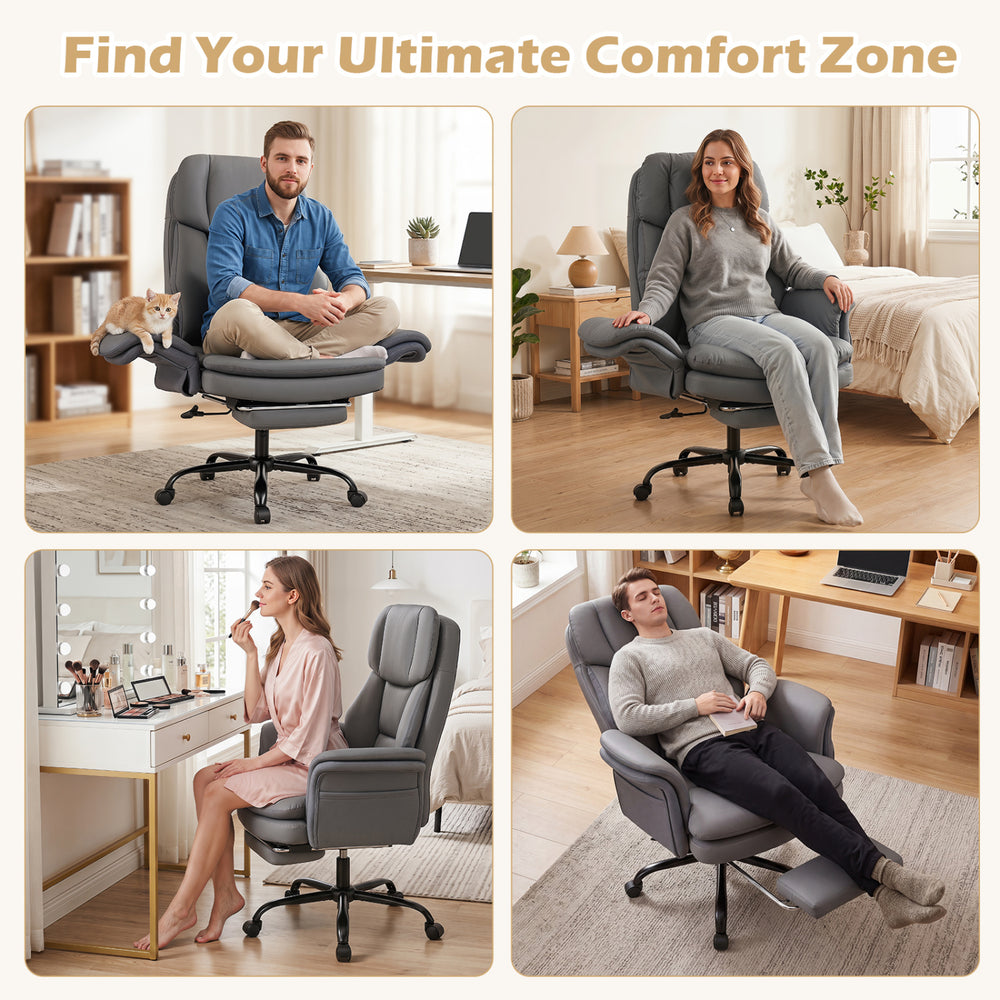 Ergonomic grey office chair with retractable footrest, adjustable armrests, and full-body support for ultimate comfort.