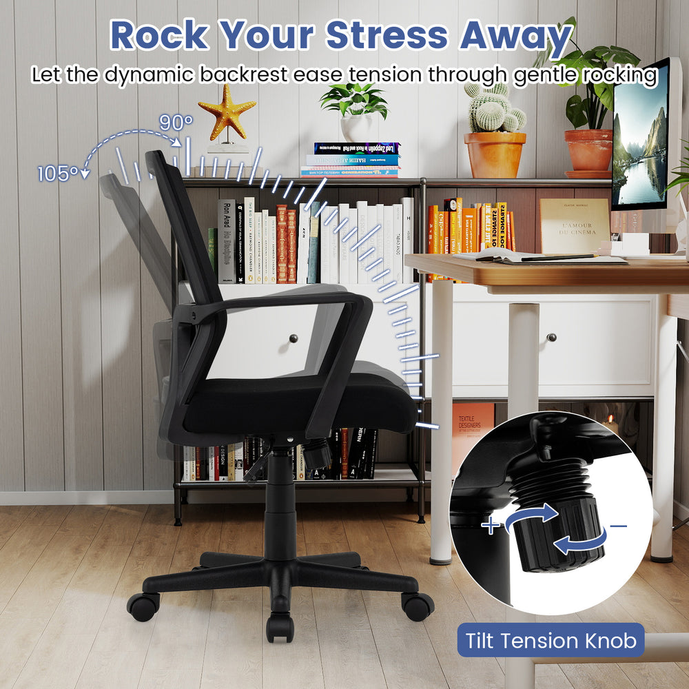 Ergonomic desk chair in black with lumbar support, rocking function, and adjustable height for optimal comfort.