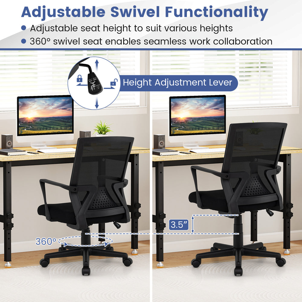 Ergonomic desk chair with lumbar support, adjustable height 17"-21", and 360° swivel for comfortable work.