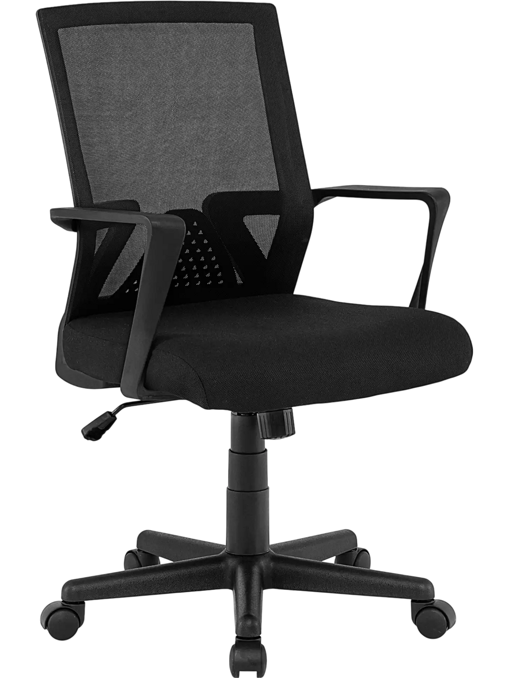 Ergonomic desk chair in black featuring a breathable mesh back and soft padded seat for enhanced comfort during work.