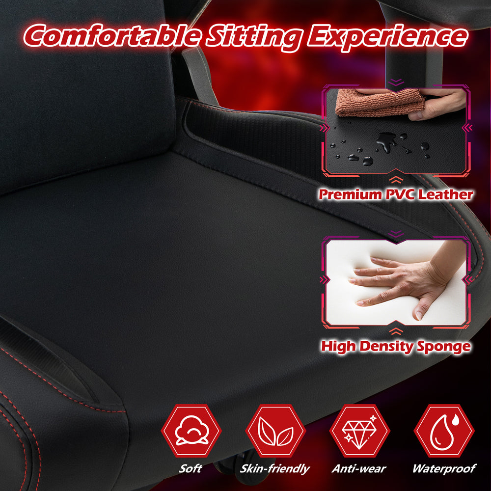 Close-up of the ergonomic high back computer chair in black, featuring waterproof PVC leather and high-density sponge.