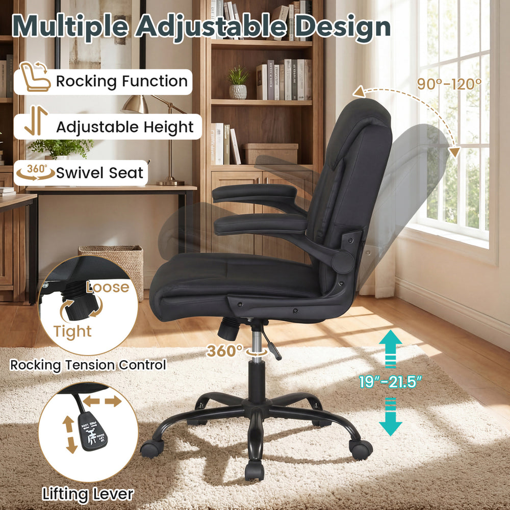 Ergonomic black leather office chair with flip-up armrests, rocking function, and adjustable height for customizable.