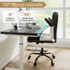 Ergonomic black office chair with 90° flip-up armrests, designed for comfort and space-saving under the desk.