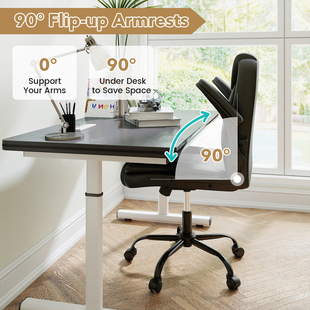 Ergonomic black office chair with 90° flip-up armrests, designed for comfort and space-saving under the desk.