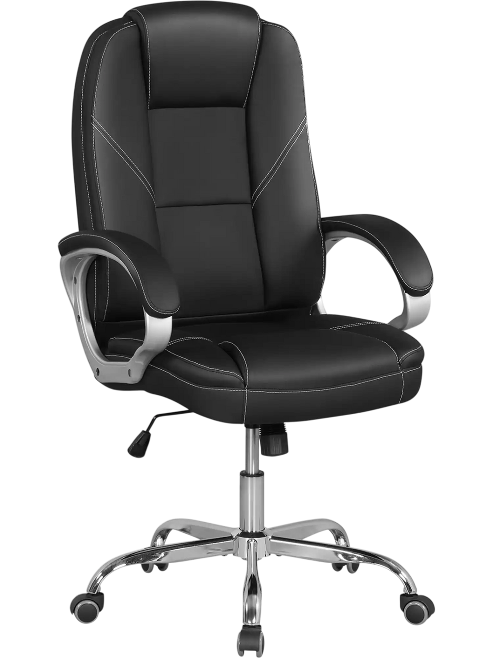 Ergonomic black leather office chair with padded armrests, contoured backrest, and adjustable height for comfort.