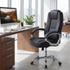 Ergonomic black leather office chair with padded armrests and rocking backrest, ideal for long hours of comfortable.