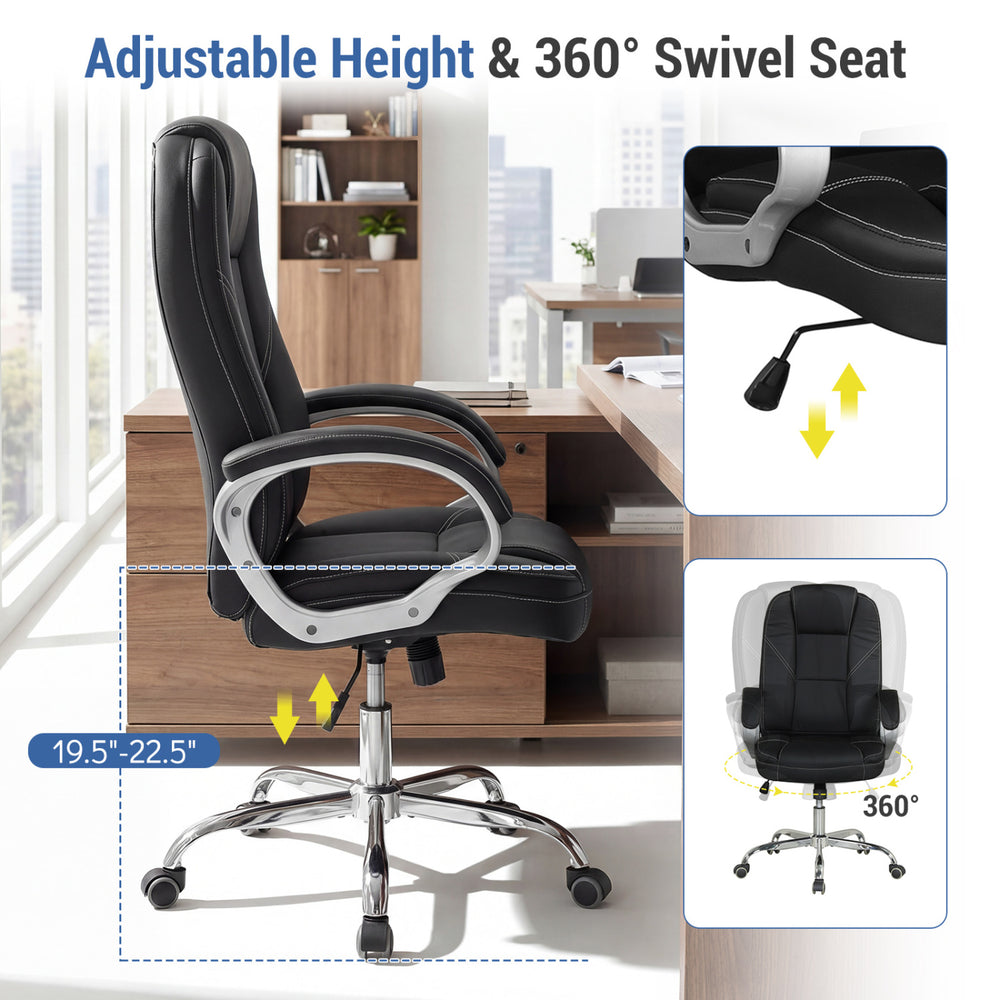 Ergonomic black leather office chair with adjustable height, 360° swivel seat, and padded armrests for comfort.