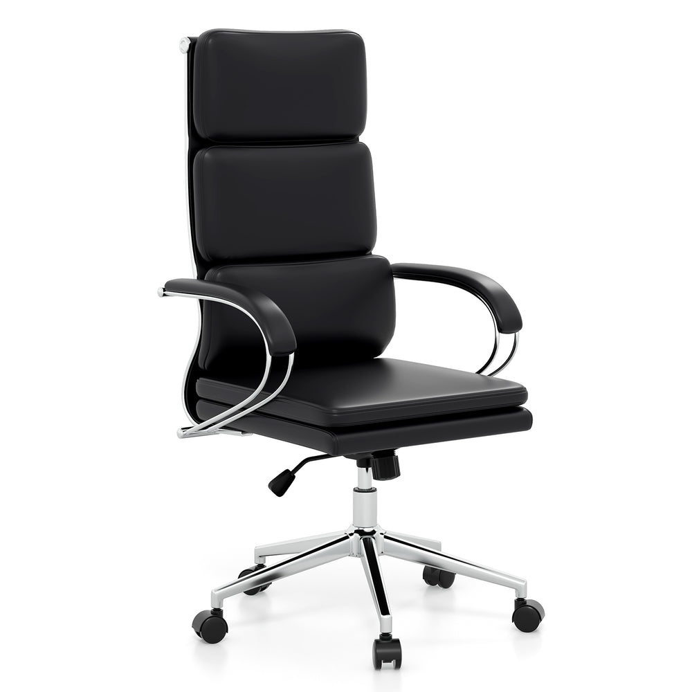 Ergonomic black leather office chair with adjustable height, lumbar support, and rolling casters for versatile use.