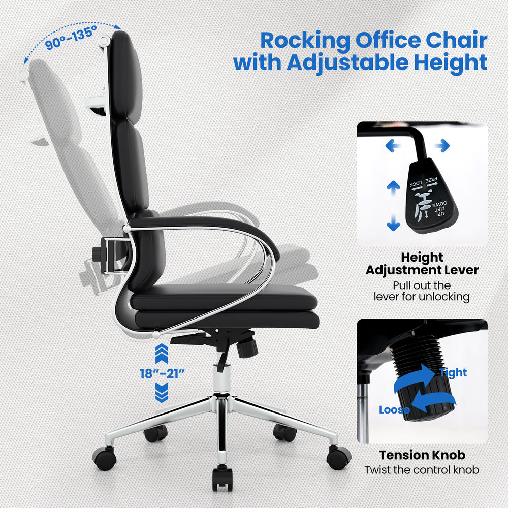 Ergonomic black leather office chair with adjustable height, rocking function, and lumbar support for versatile comfort.