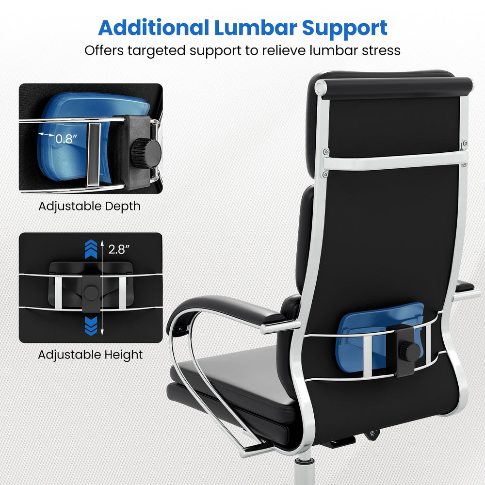 Adjustable lumbar support detail for ergonomic leather office chair, enhancing comfort and relieving lumbar stress.