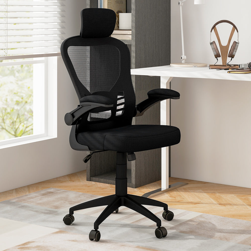 Ergonomic black mesh office chair with adjustable height, headrest, and lumbar support for home office comfort.