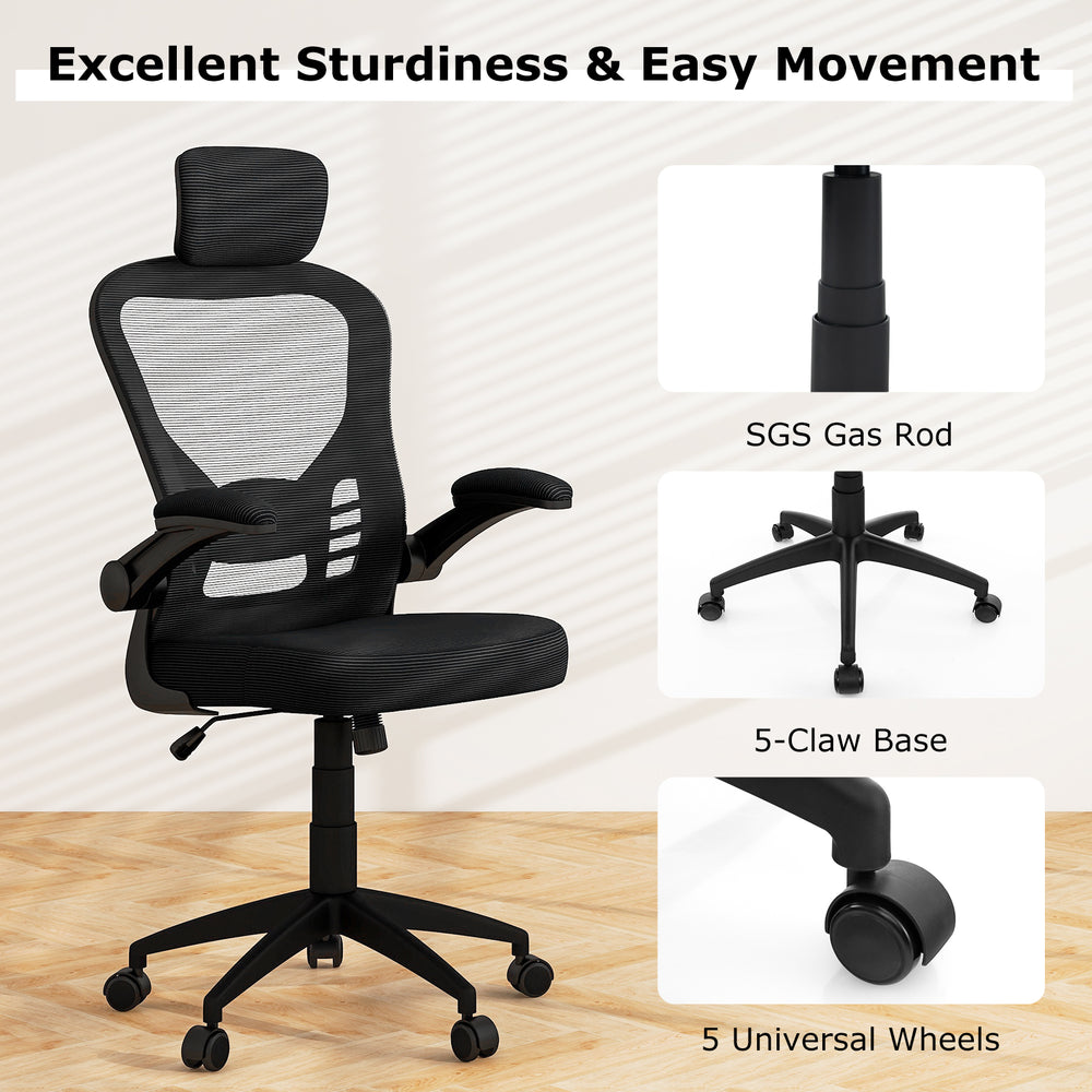 Ergonomic mesh office chair in black with adjustable height, headrest, and 5 universal wheels for easy movement.
