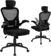 Ergonomic mesh office chair in black with adjustable height, headrest, and flip-up armrests for home office comfort.