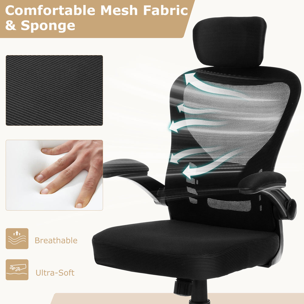 Ergonomic mesh office chair in black with adjustable height, breathable fabric, and lumbar support for home office.