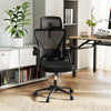 Adjustable lumbar support and breathable mesh back of the ergonomic black office chair for enhanced airflow and comfort.