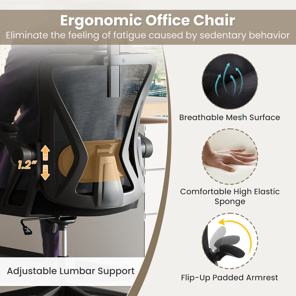 Ergonomic mesh office chair with adjustable lumbar support and flip-up armrests, designed for comfort and airflow.
