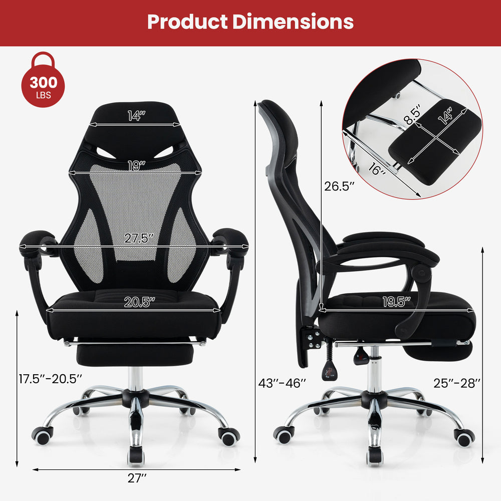 Ergonomic mesh office chair with adjustable footrest and tilting backrest, featuring breathable fabric for comfort.
