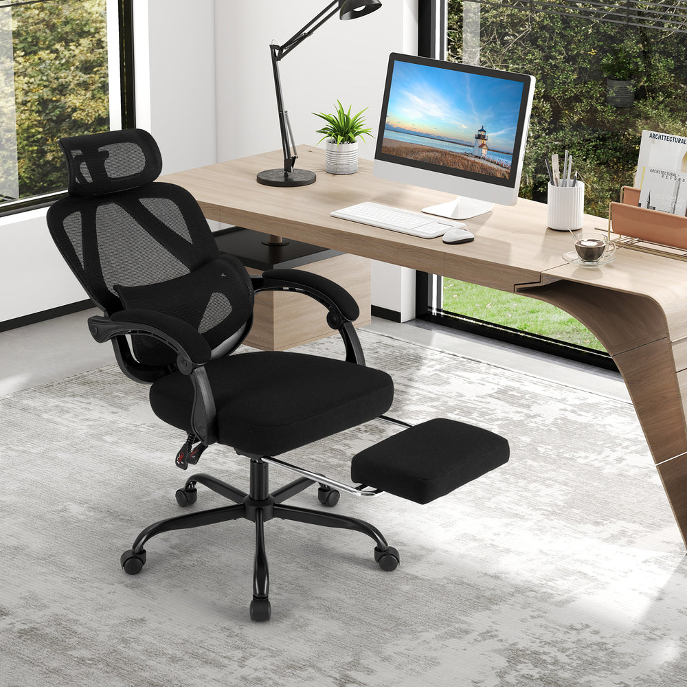 Ergonomic high back mesh office chair with retractable footrest, adjustable headrest, and lumbar support for comfort.