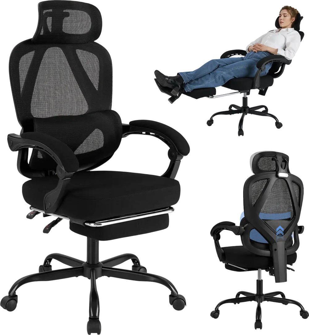 Ergonomic high back office chair with retractable footrest and adjustable headrest for customizable comfort and.