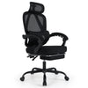 High back ergonomic office chair in black with retractable footrest and adjustable headrest for customizable comfort.