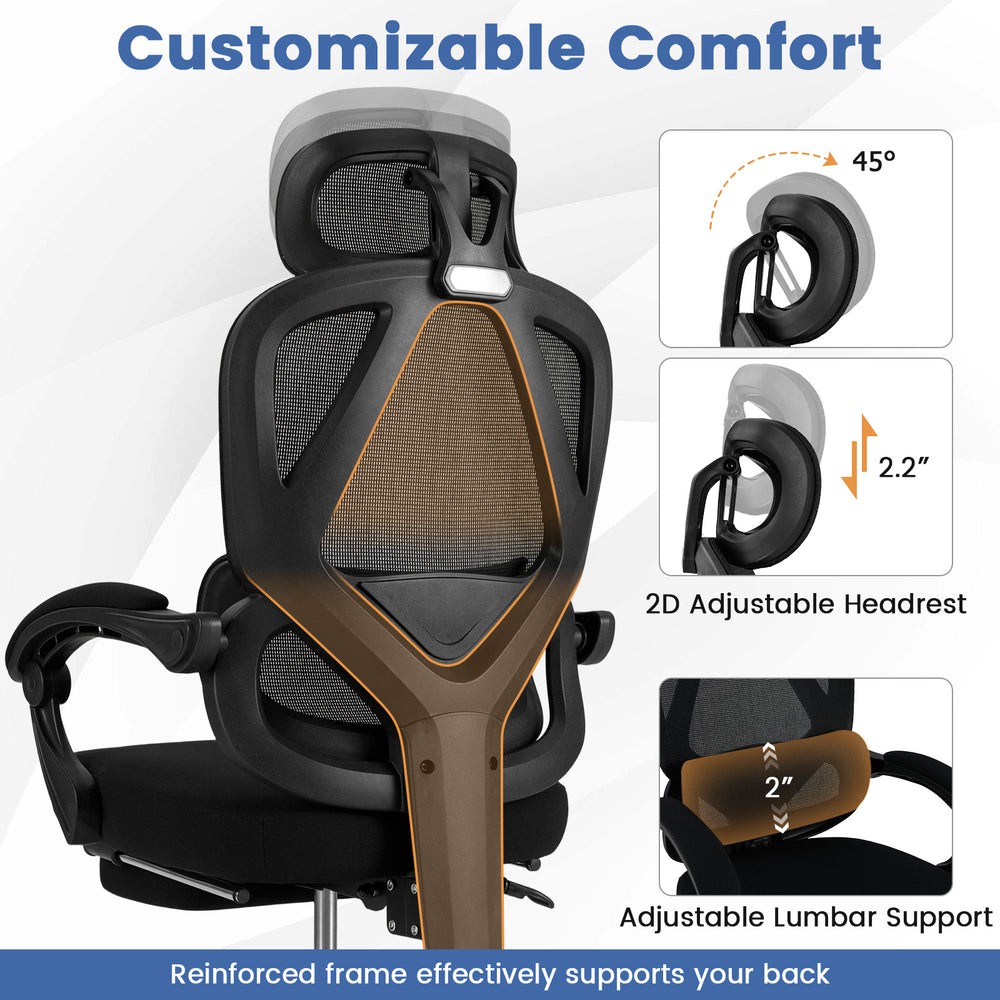 High back ergonomic office chair with adjustable headrest, lumbar support, and retractable footrest for customizable.