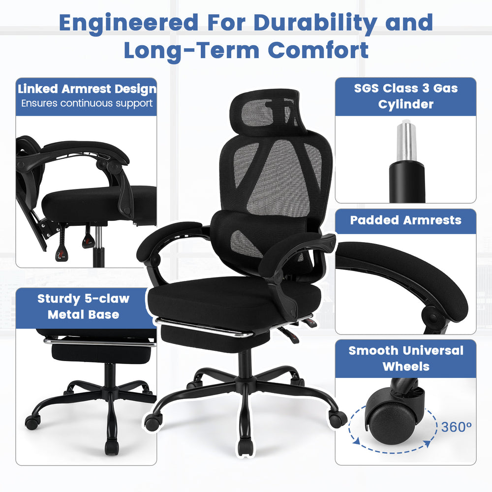 Ergonomic black office chair with mesh back, retractable footrest, and adjustable headrest for customizable comfort.
