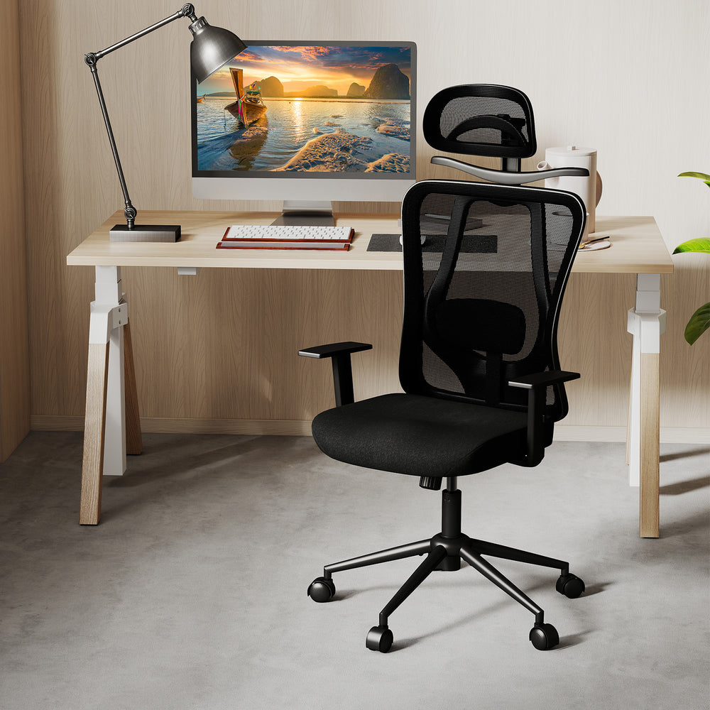 Ergonomic office chair with adjustable armrests, featuring a breathable mesh back and sturdy 5-claw metal base for.