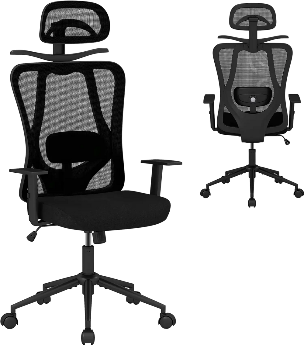 Ergonomic office chair in black with 3D headrest, adjustable lumbar support, and reclining backrest for optimal comfort.