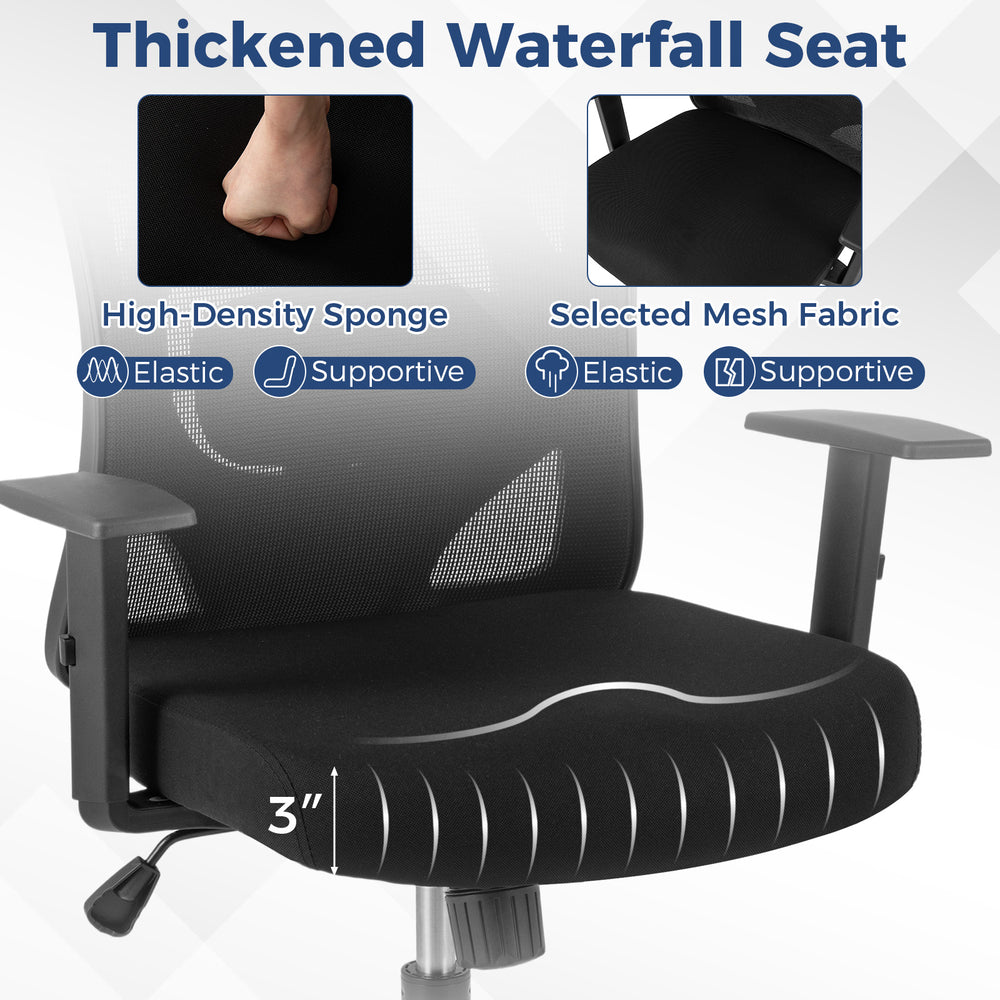 Thickened 3" waterfall seat of ergonomic office chair in black, featuring high-density sponge and breathable mesh.