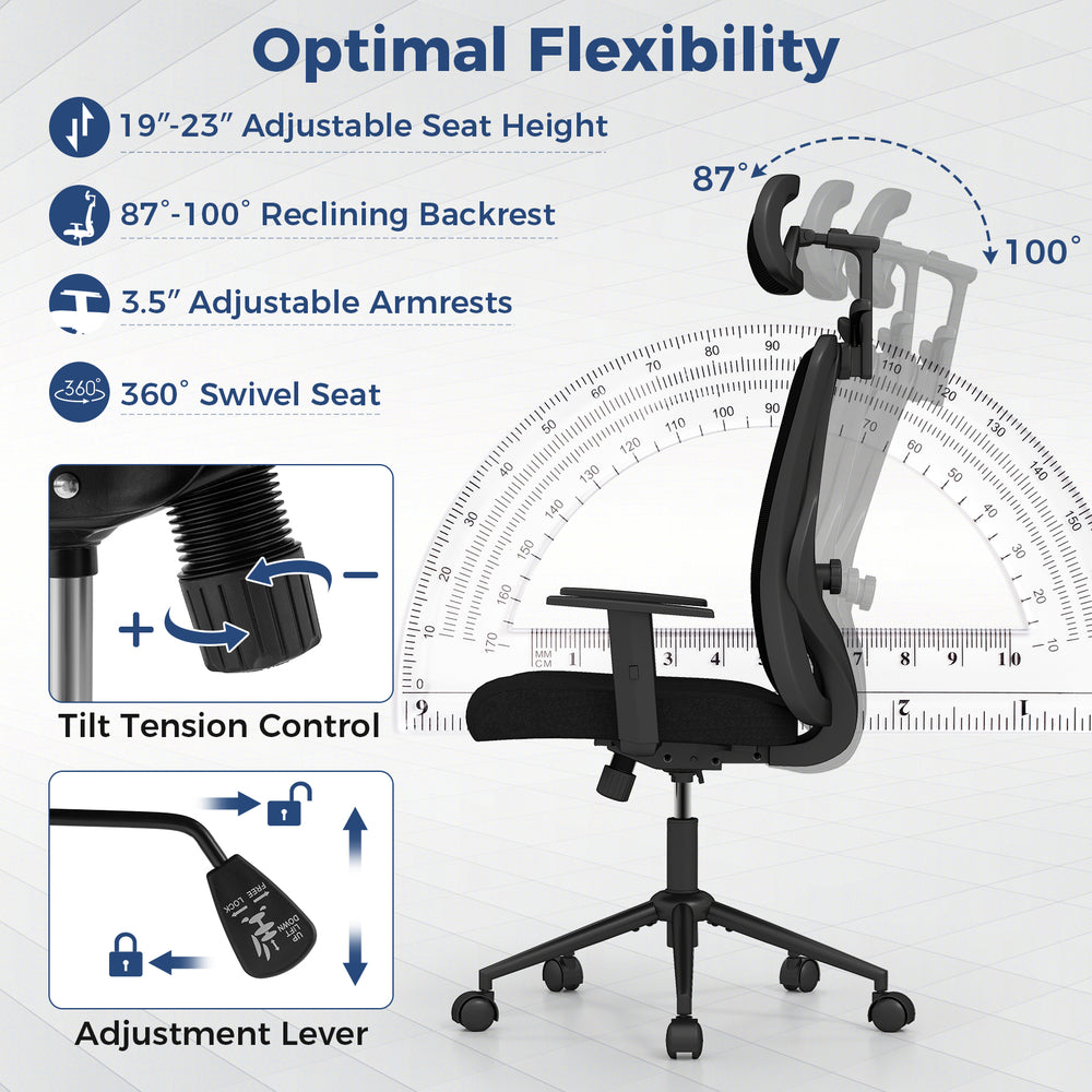 Ergonomic office chair in black with adjustable headrest, reclining backrest, and 360° swivel seat for optimal comfort.