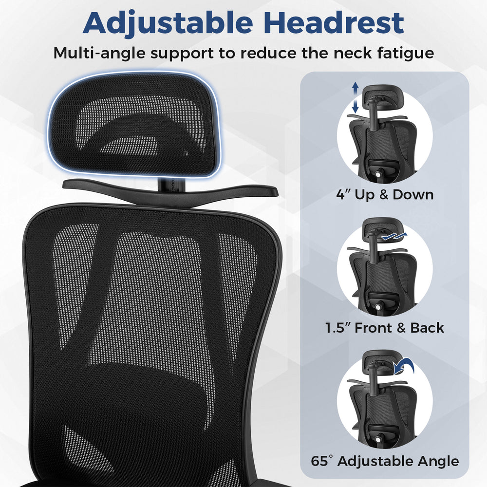 Adjustable headrest of the ergonomic office chair, featuring 4" height and 1.5" front-back adjustments for neck support.