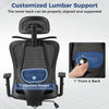 Customized lumbar support detail of the ergonomic office chair, featuring 1" adjustable distance for optimal back.