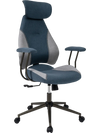 Ergonomic office chair with 2D headrest in gray and blue, featuring padded armrests and a rocking backrest for comfort.