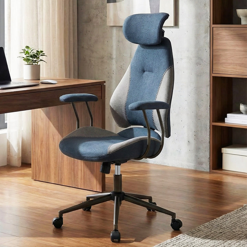 Ergonomic office chair with 2D headrest and rocking backrest, upholstered in breathable gray flax fabric for optimal.
