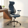 Ergonomic office chair in gray with 2D headrest, padded armrests, and rocking backrest for optimal support and comfort.