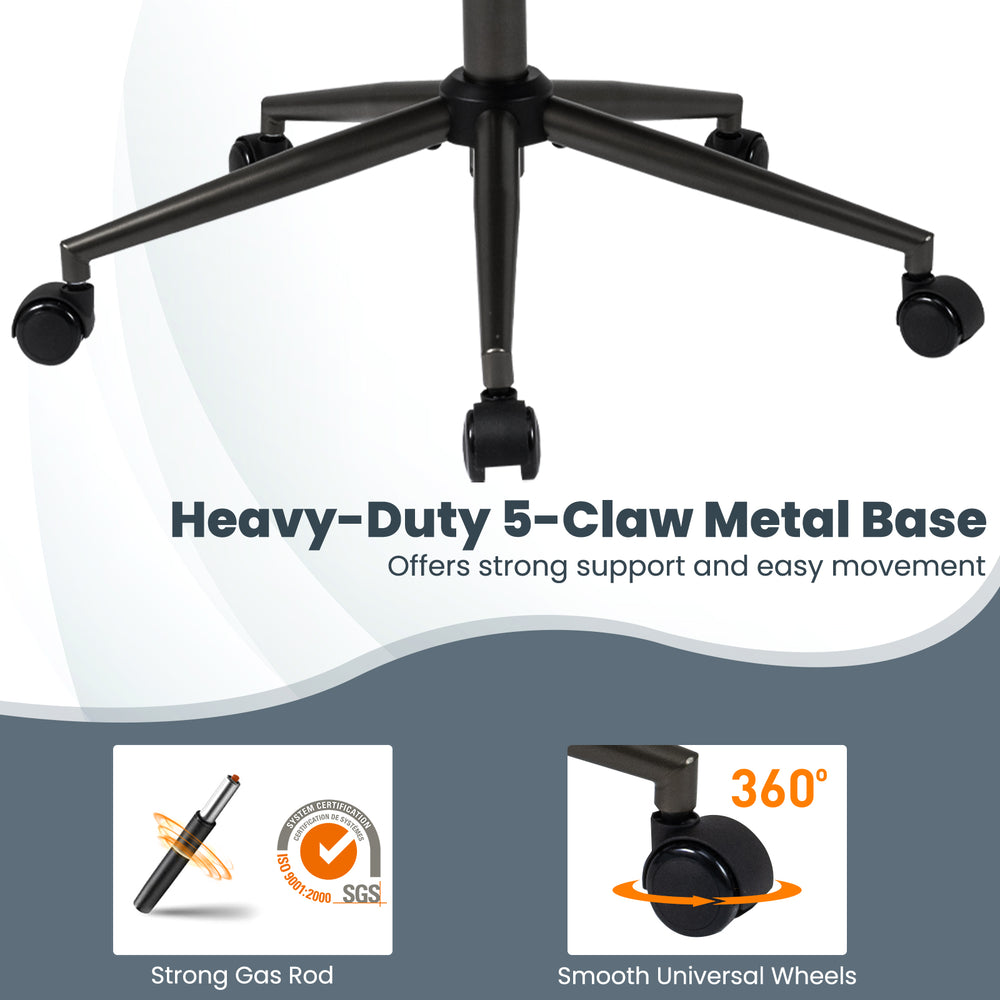 Heavy-duty 5-claw metal base of the ergonomic office chair provides strong support and easy movement for versatile use.