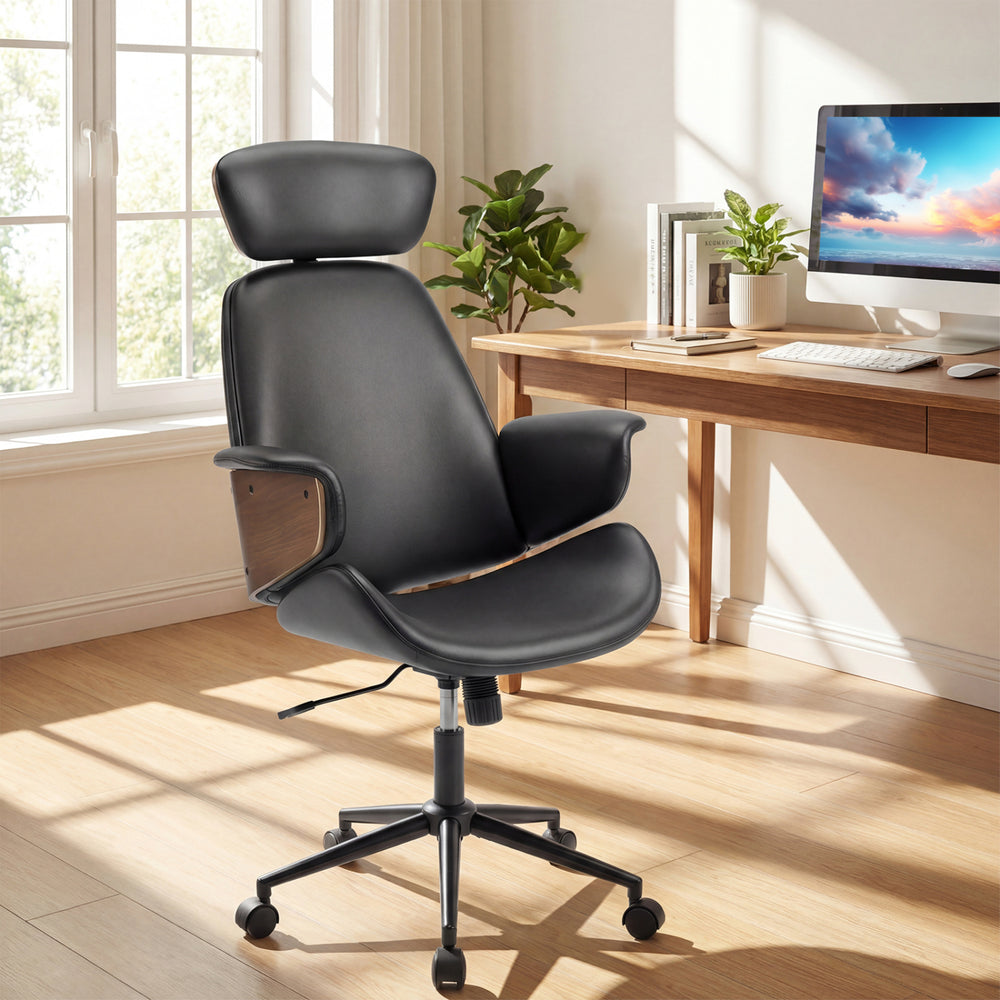 Ergonomic office chair in black with headrest, adjustable height, and curved armrests for home office comfort.