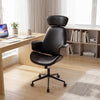 Ergonomic black office chair with headrest, adjustable height, and curved armrests for comfort in home office settings.