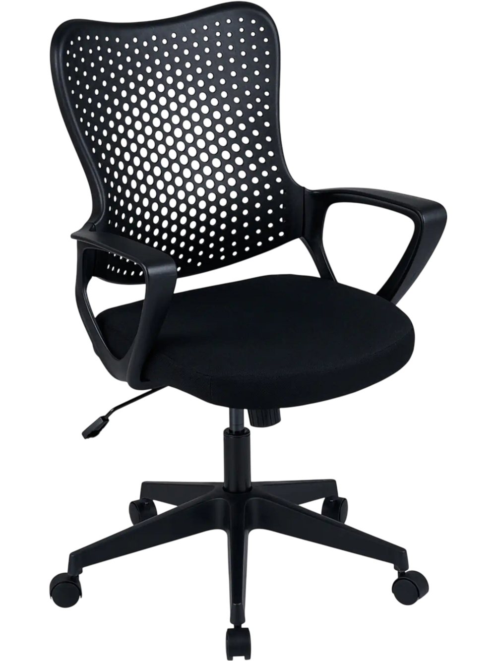 Ergonomic office chair with a breathable butterfly back, height adjustable, and black fabric seat for comfortable use.