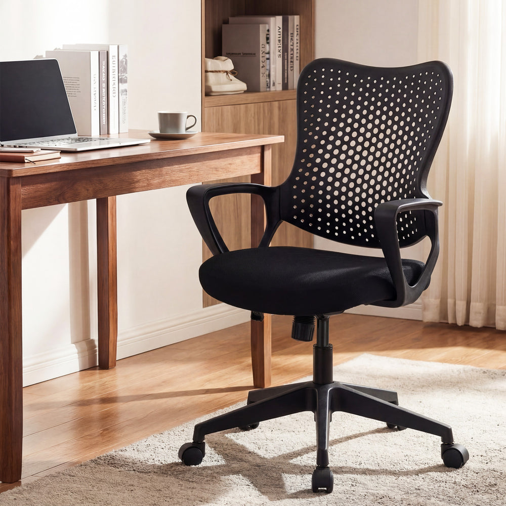 Ergonomic black office chair with breathable butterfly back, height adjustable, ideal for computer desks.