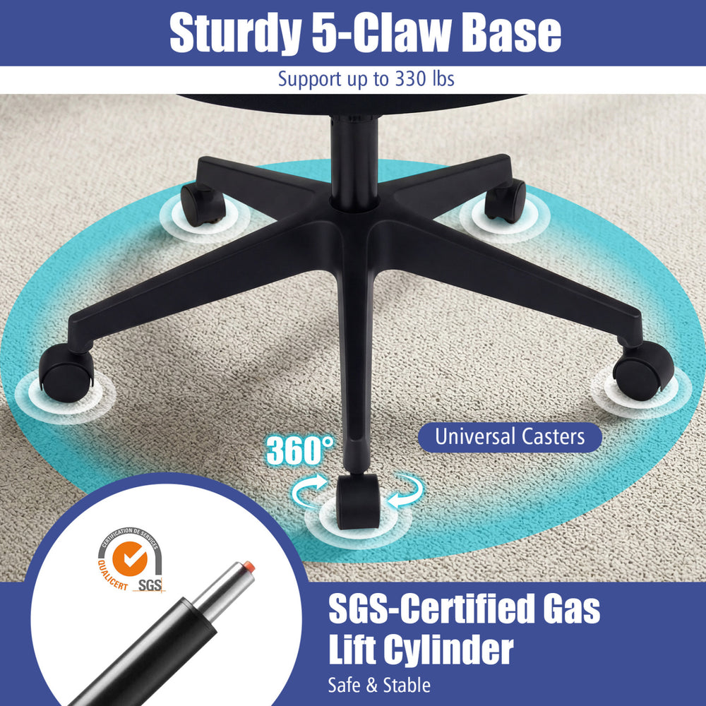 Ergonomic office chair with a sturdy 5-claw base, 360° universal casters, and SGS-certified gas lift cylinder.