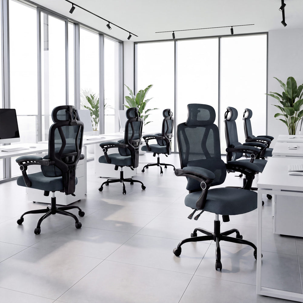 High back ergonomic office chair in gray with adaptive lumbar support and adjustable headrest for optimal comfort.