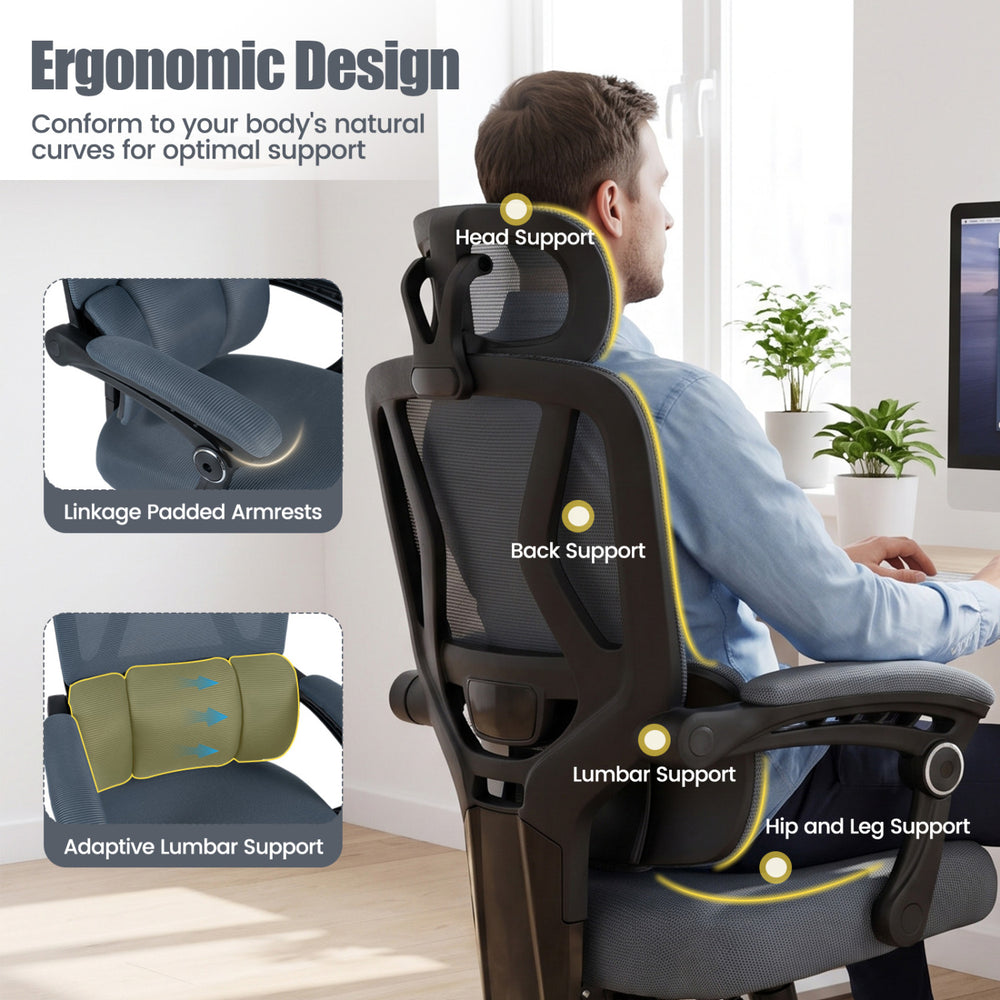 Ergonomic gray office chair featuring adaptive lumbar support, high back, and 2D adjustable headrest for optimal comfort.