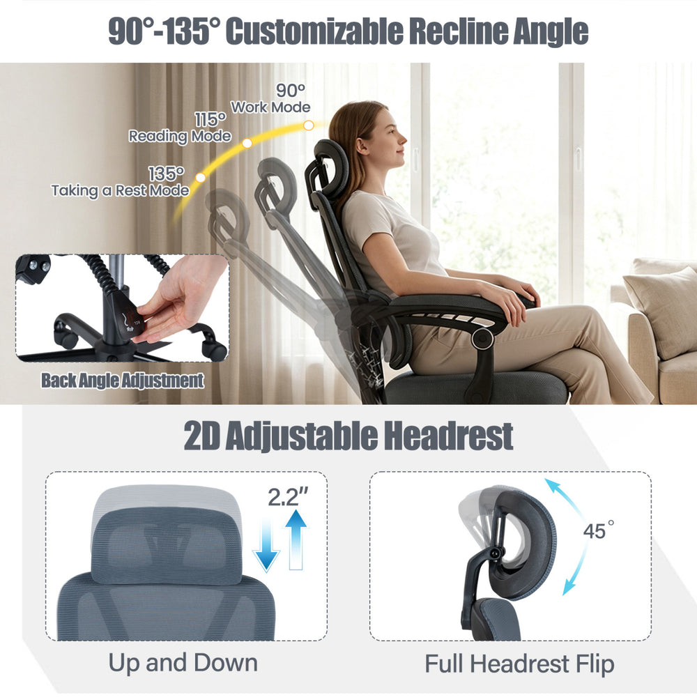 Ergonomic gray office chair with high back, adaptive lumbar support, and 2D adjustable headrest for ultimate comfort.